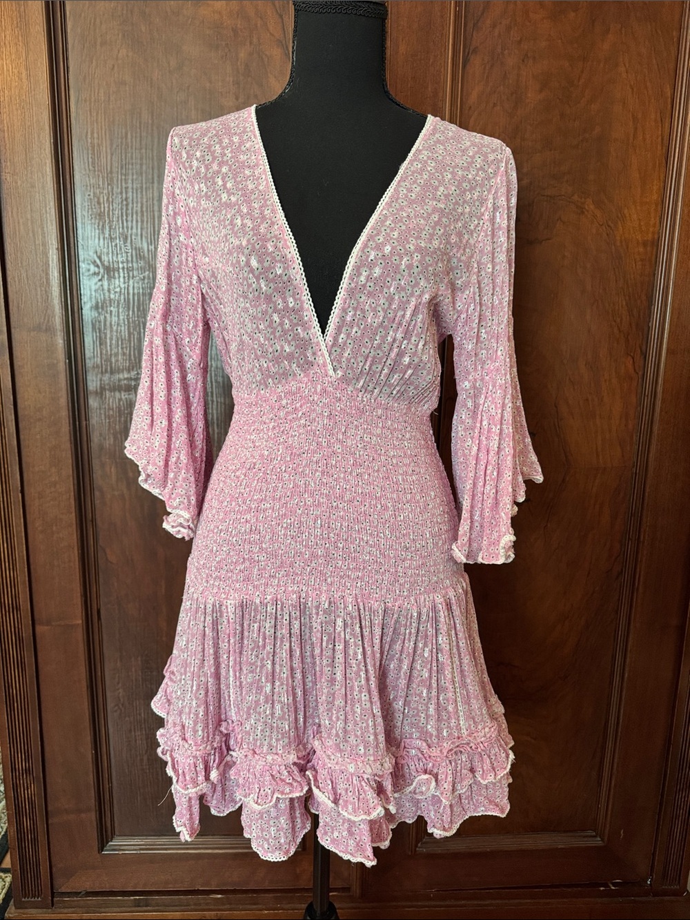 Sunday Saint Tropez Smocked V-Neck Pink Floral Mini Dress